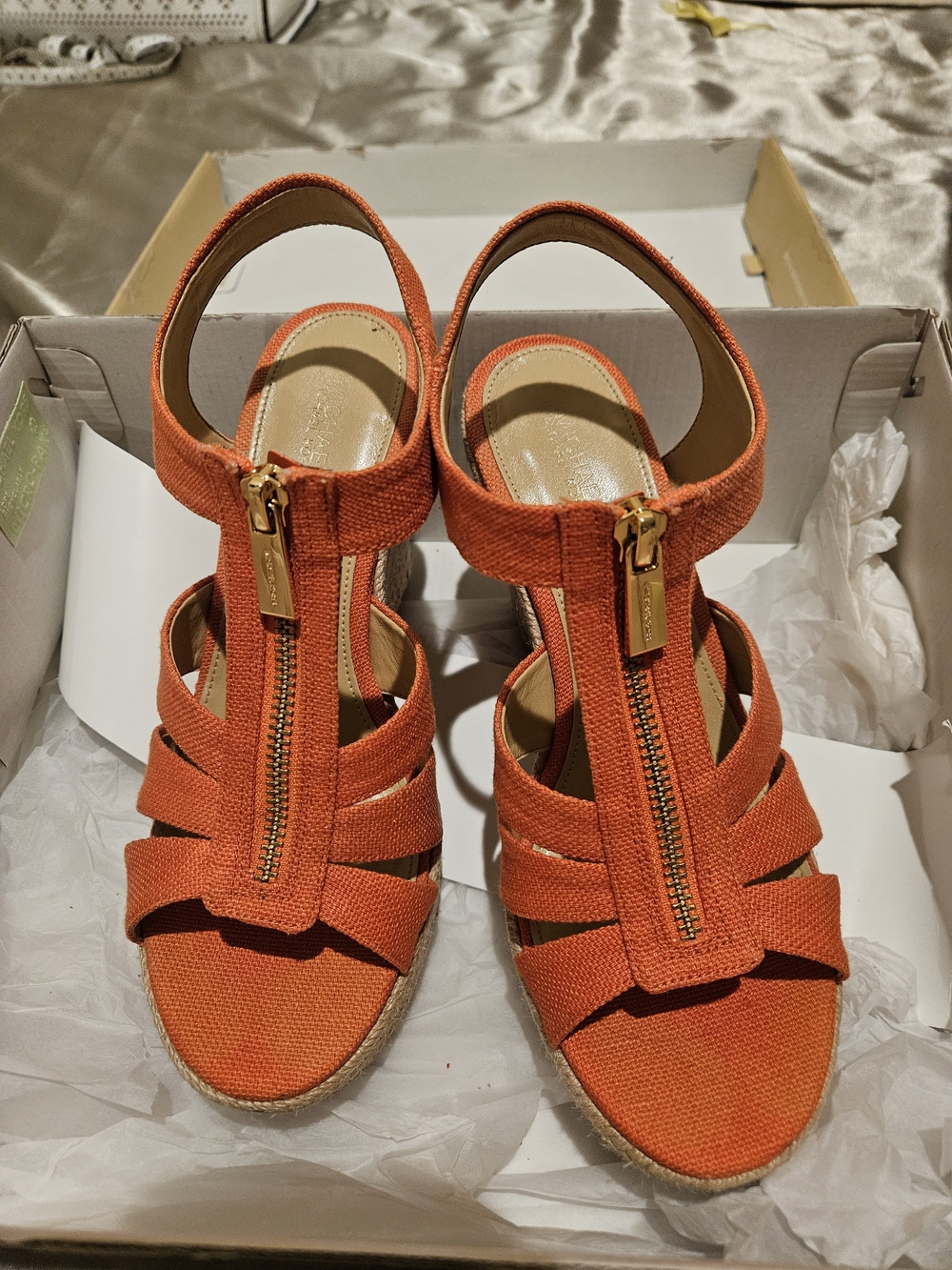 Michael Kors Orange Strappy Espadrille Wedge Sandals with Gold Zipper